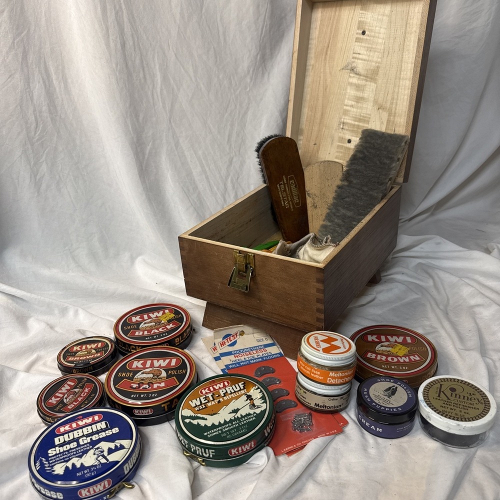 Vintage Shoe Shine Kit Box Cadillac Brush  Kiwi Polishes Meltonian Kellogg Plus